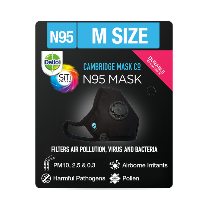 Dettol Cambridge N95 Mask Anti-Pollution, Reusable, Washable with Breathing Valve Medium Black