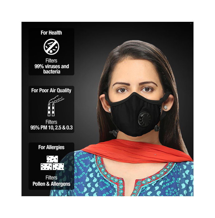 Dettol Cambridge N95 Mask Anti-Pollution, Reusable, Washable with Breathing Valve Medium Black