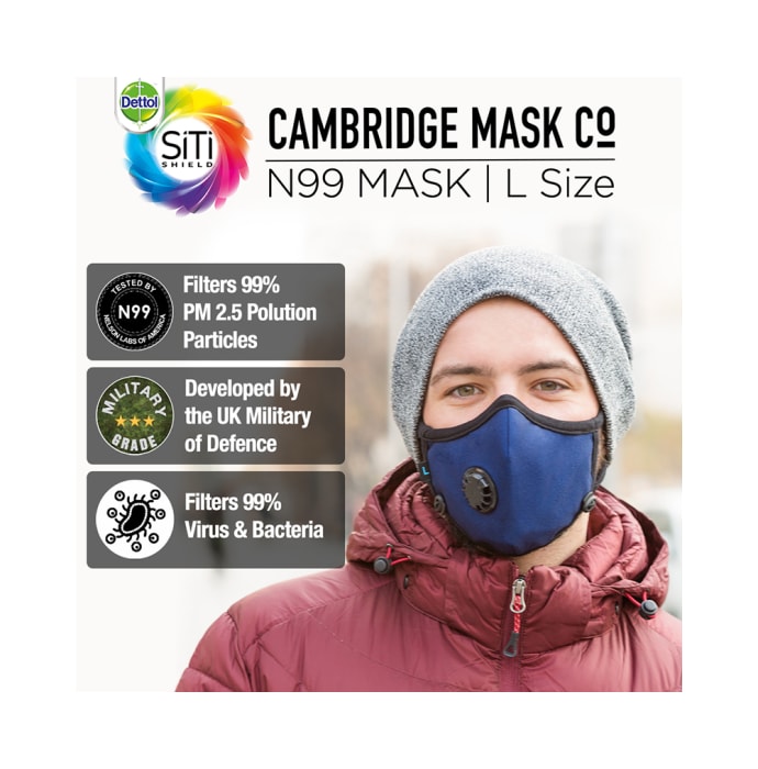 Dettol Cambridge Pro N99 Mask Anti-Pollution, Reusable, Washable with Breathing Valve Large Blue