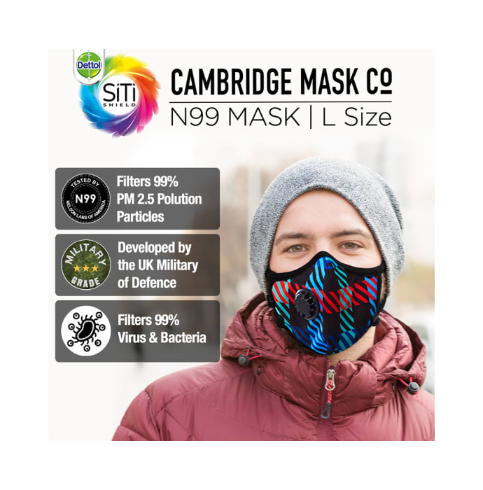 Dettol Cambridge Pro N99 Mask Anti-Pollution, Reusable, Washable with Breathing Valve Large Multicolor