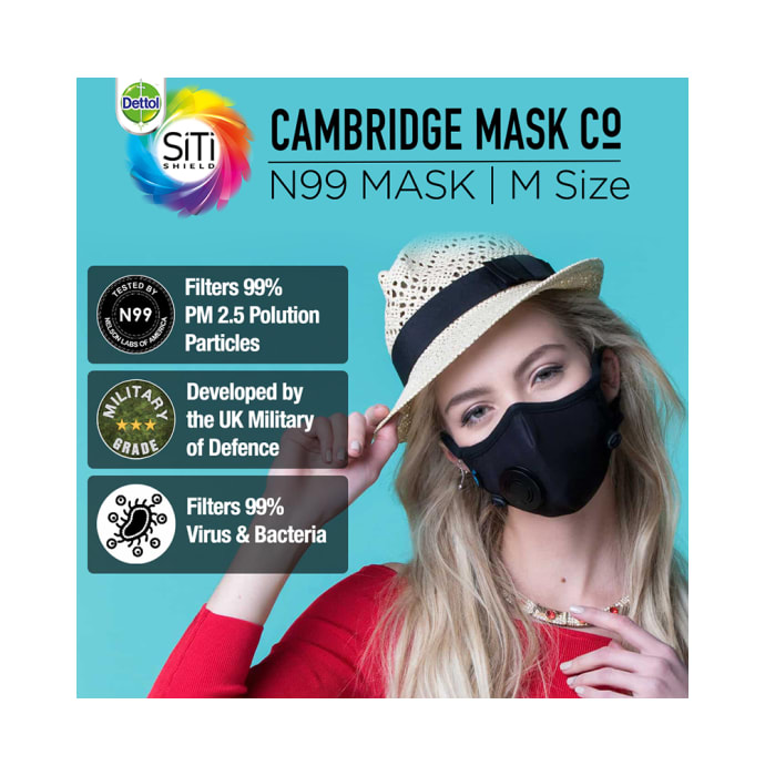 Dettol Cambridge Pro N99 Mask Anti-Pollution, Reusable, Washable with Breathing Valve Medium Black