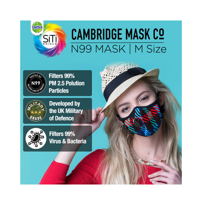 Dettol Cambridge Pro N99 Mask Anti-Pollution, Reusable, Washable with Breathing Valve Medium Multicolor