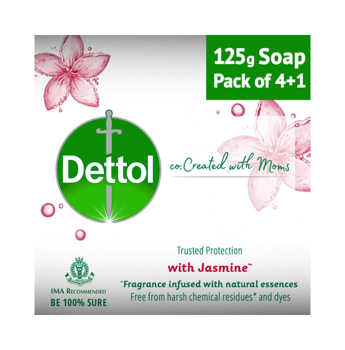 Dettol Co. Created with Moms Soap (125gm Each) with Jasmine Buy 4 Get 1 Free