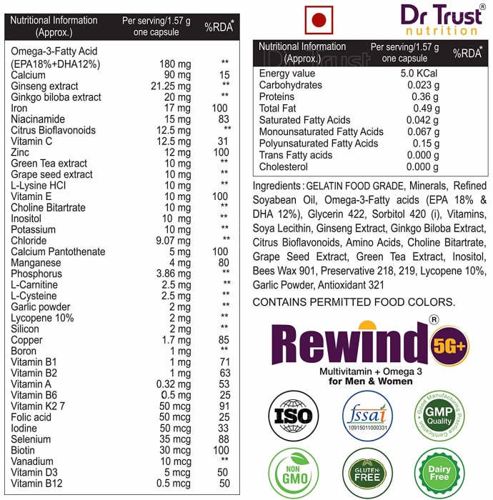 Dr Trust USA Rewind 5G+ Multivitamin & Omega 3 Capsule (60'S)