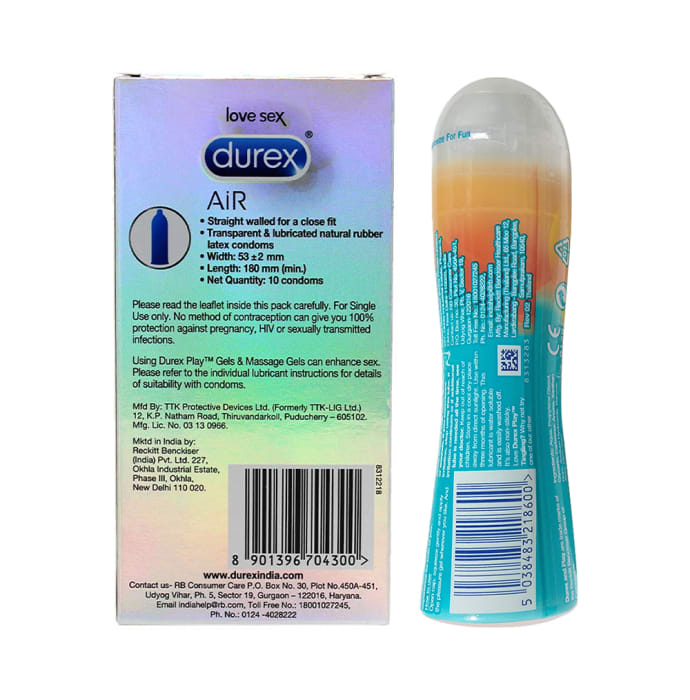 Durex Combo Pack of Air Ultra Thin 10 Condoms & Play Tingling Pleasure Lubricant Gel 50ml