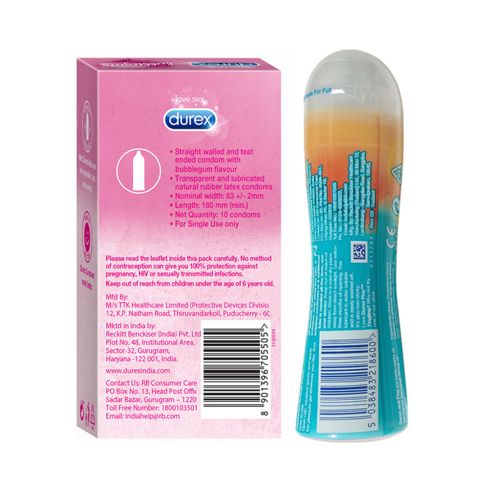 Durex Combo Pack of Bubblegum Flavoured 10 Condoms & Play Tingling Pleasure Lubricant Gel 50ml