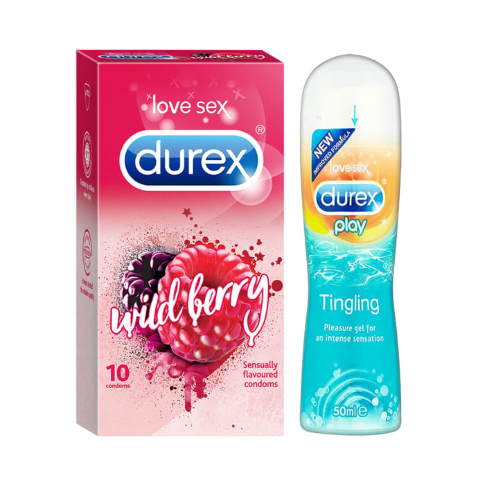 Durex Combo Pack of Wild Berry Flavoured 10 Condoms & Play Tingling Pleasure Lubricant Gel 50ml