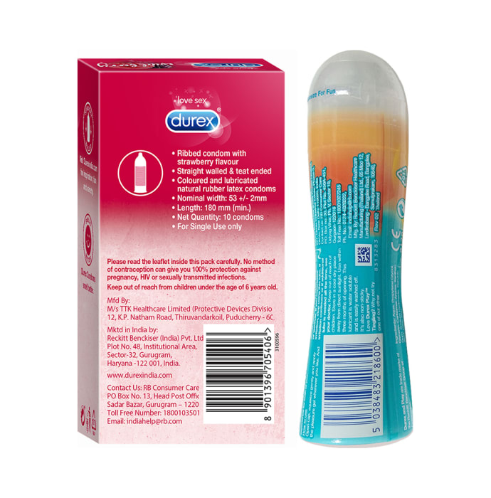 Durex Combo Pack of Wild Berry Flavoured 10 Condoms & Play Tingling Pleasure Lubricant Gel 50ml