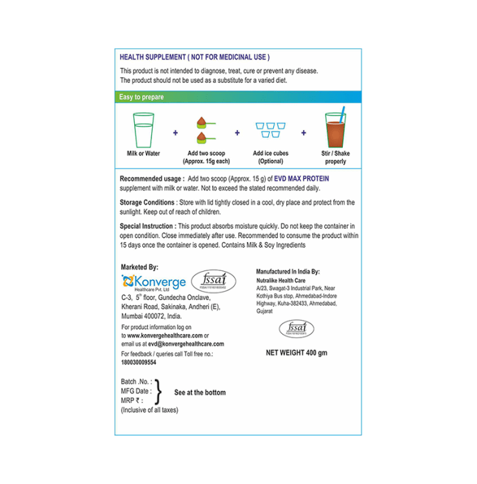 EVD Max Protein Supplement with Absorbtion Booster Powder Choco Delight (400gm)