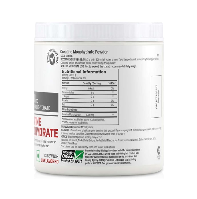 GNC Pro Performance Creatine Monohydrate 3000mg Powder Unflavoured (250gm)