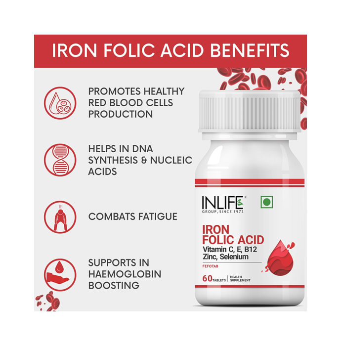 Inlife Iron Folic Acid Supplement with Vitamin C, E, B12, Zinc & Selenium Tablet (60'S)