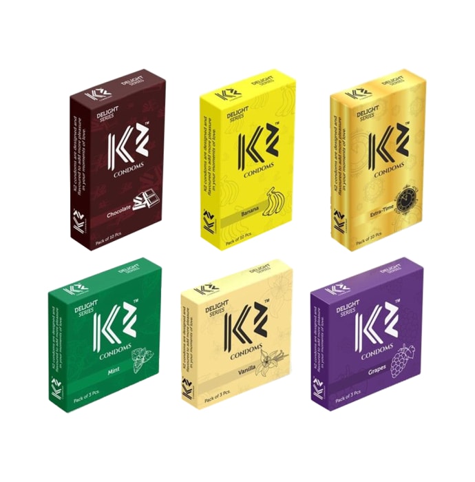 K2 Dotted Condoms Combo Chocolate,Banana,Extra Time(10Pc Each) Mint,Vanilla,Grapes(3pc Each)