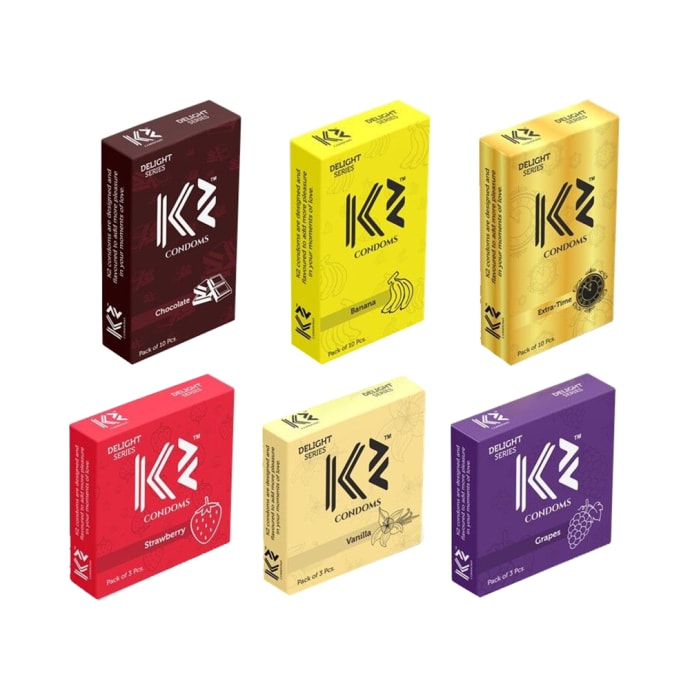 K2 Dotted Condoms Combo Chocolate,Banana,Extra Time(10Pc Each) Strawberry,Vanilla,Grapes(3pc Each)