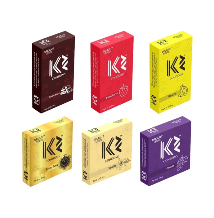 K2 Dotted Condoms Combo Chocolate,Strawberry,Banana(10Pc Each) Extra Time,Vanilla,Grapes(3pc Each)