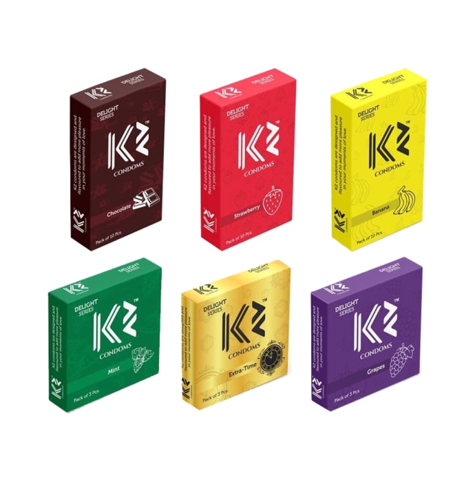 K2 Dotted Condoms Combo Chocolate,Strawberry,Banana(10Pc Each) Mint,Extra Time,Grapes(3pc Each)