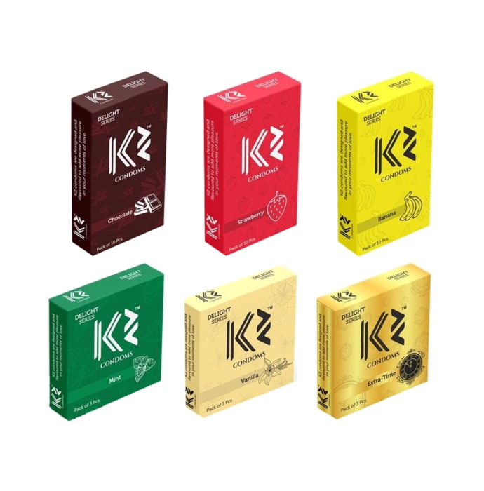 K2 Dotted Condoms Combo Chocolate,Strawberry,Banana(10Pc Each) Mint,Vanilla,Extra Time(3pc Each)