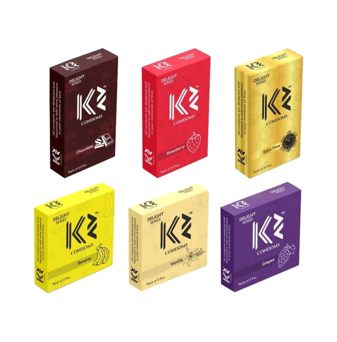 K2 Dotted Condoms Combo Chocolate,Strawberry,Extra Time(10Pc Each) Banana,Vanilla,Grapes(3pc Each)