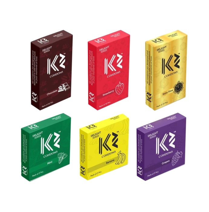 K2 Dotted Condoms Combo Chocolate,Strawberry,Extra Time(10Pc Each) Mint,Banana,Grapes(3pc Each)