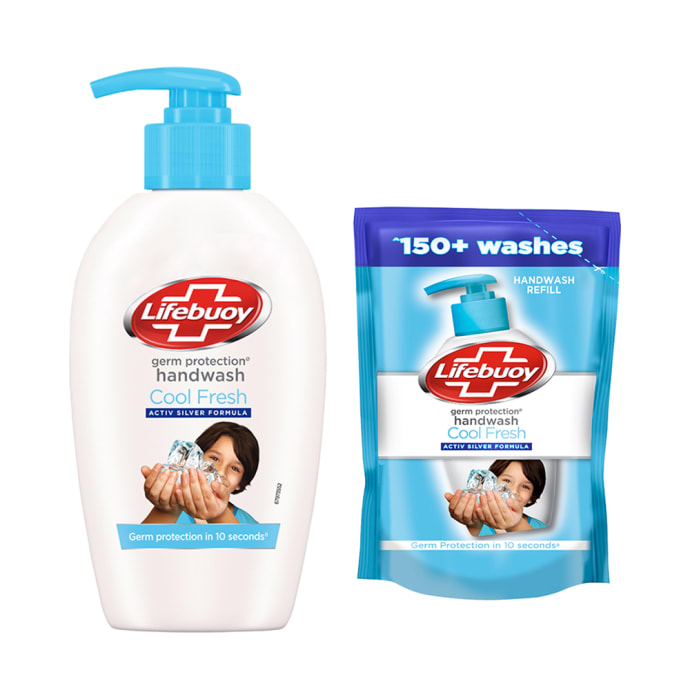 Lifebuoy Cool Fresh Activ Silver Formula Germ Protection Handwash 190ml with Refill Pouch 185ml Free