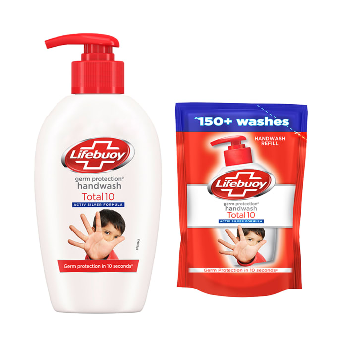 Lifebuoy Total 10 Activ Silver Formula Germ Protection Handwash 190ml with Refill Pouch 185ml Free