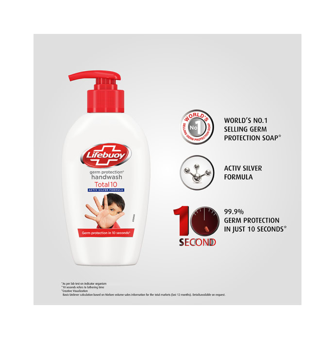 Lifebuoy Total 10 Activ Silver Formula Germ Protection Handwash 190ml with Refill Pouch 185ml Free