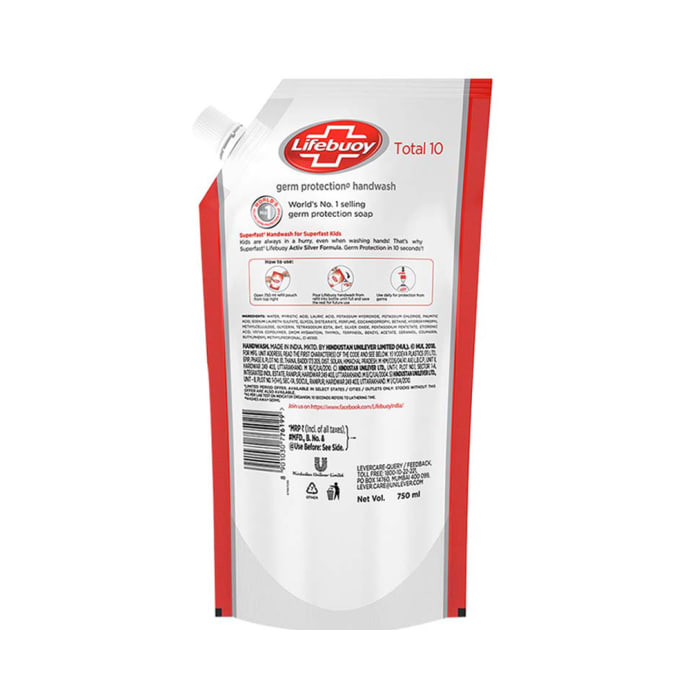 Lifebuoy Total 10 Activ Silver Formula Germ Protection Handwash Refill, 750ml Each (Buy 1 Get 1 Free)