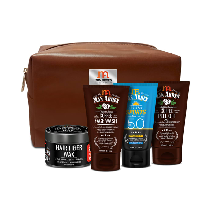 Man Arden Eccentric Grooming Combo (Hair Fibre Wax 50gm, Coffee Face Wash, Coffee Peel Off Mask and SPF50 Sports Sunblock Sunscreen 100ml Each) with Pouch