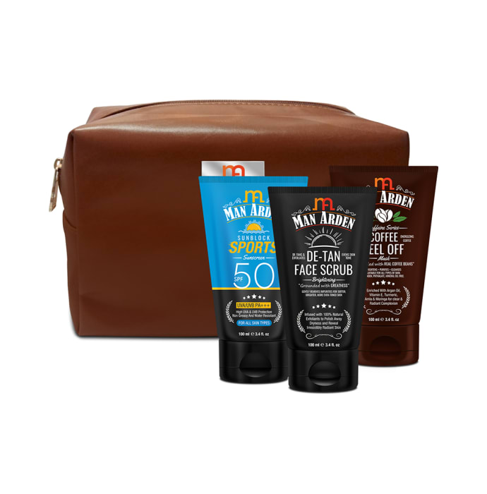 Man Arden Sunlit Grooming Combo (Coffee Peel Off, SPF50 Sunblock Sports Sunscreen and De-Tan Face Scrub 100ml Each) with Pouch