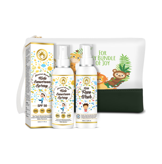 Mom & World Kid's Skin Protect Combo (Sunscreen Spray SPF 50 and Face Wash 120ml Each) with Pouch