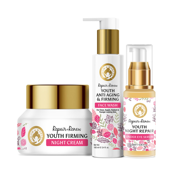 Mom & World Renew Plus Repair Combo (Youth Firming Night Cream 50gm, Youth Anti Aging & Firming Face Wash 100ml and Youth Night Repair Under Eye Serum 25ml)