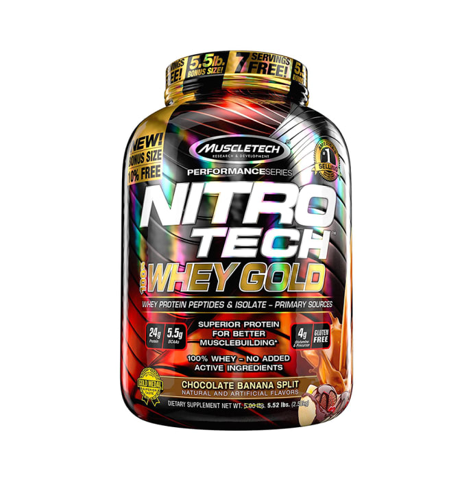 Muscletech Performance Series Nitro Tech 100% Whey Gold Whey Protein Peptides & Isolate Powder Chocolate Banana Split (5.52lb)