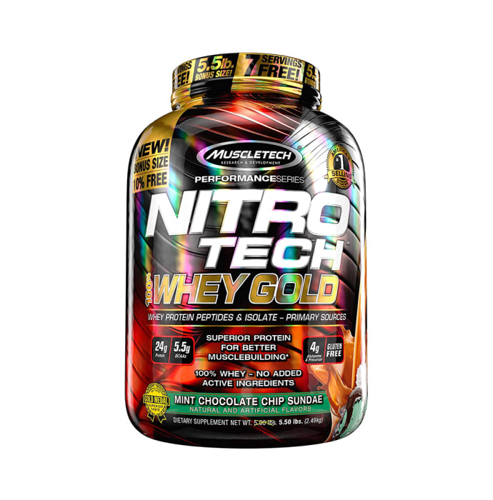 Muscletech Performance Series Nitro Tech 100% Whey Gold Whey Protein Peptides & Isolate Powder Mint Chocolate Chip Sundae (5.5lb)
