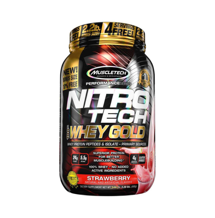 Muscletech Performance Series Nitro Tech 100% Whey Gold Whey Protein Peptides & Isolate Powder Strawberry (2.2lb)