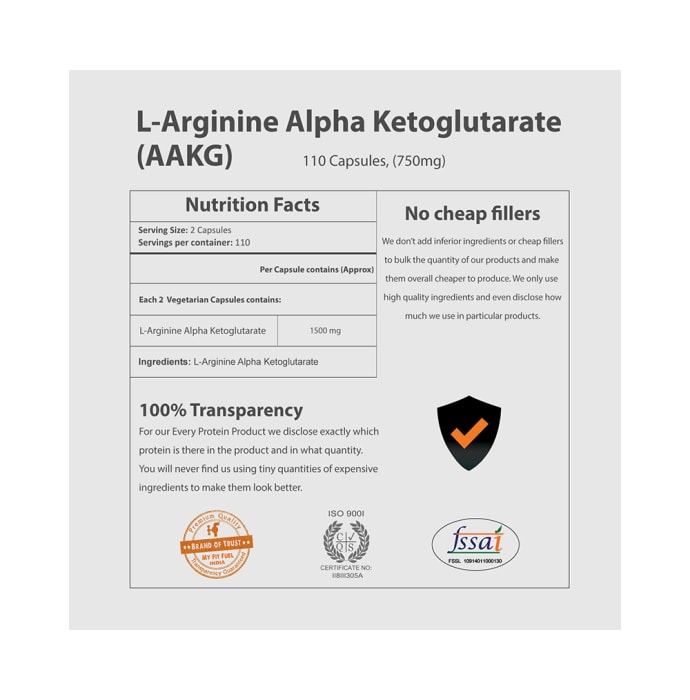 My FitFuel L-Arginine Alpha Ketoglutarate (AAKG) 750mg Capsule (110'S)