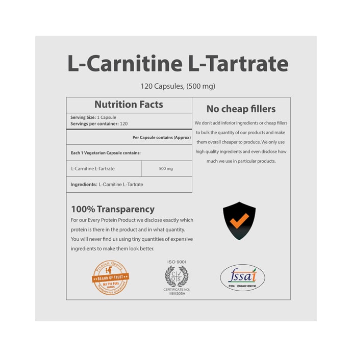 My FitFuel L-Carnitine L-Tartrate 500mg Capsule (120'S)