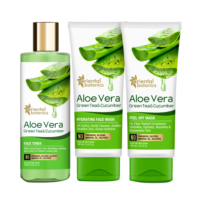 Oriental Botanics Face Glow Combo Aloe Vera, Green Tea & Cucumber Face Toner 150ml, Hydrating Face Wash 100ml and Peel Off Mask 100ml