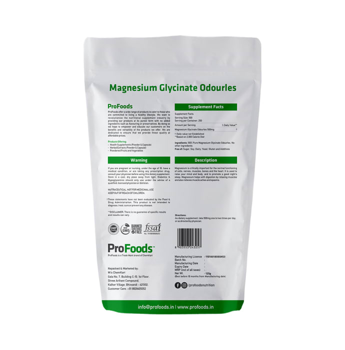 ProFoods Magnesium Glycinate Odourles Powder (125gm)