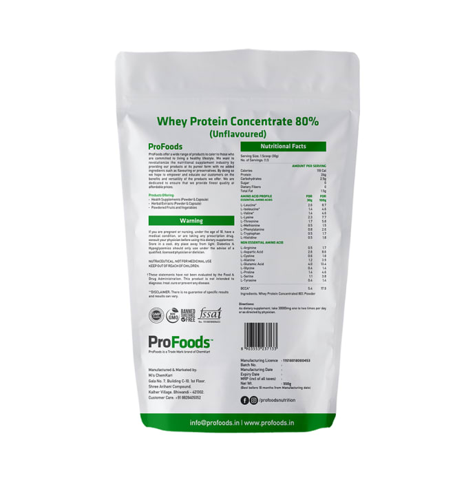 ProFoods Whey Protein Concentrate 80% (Unflavoured) Powder (1kg)