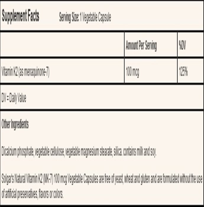 Solgar natural vitamin k2 (mk-7) 100mcg vegetable capsule (50'S)