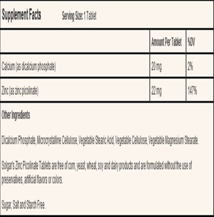 Solgar zinc picolinate 22mg tablet (100'S)