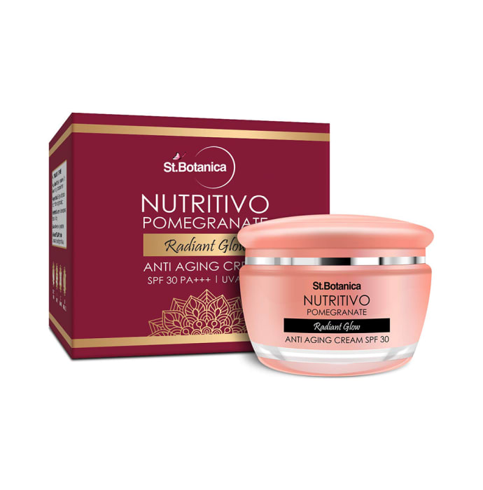 St.Botanica Blooming Pomegranate Combo (Nutritivo Pomegranate Radiant Glow Firming Serum 30ml, SPF 30 Anti Aging Cream & Night Cream 50gm Each) with Pouch