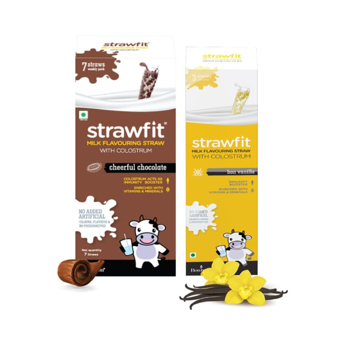 Strawfit Milk Flavouring Straw with Colostrum Cheerful Chocolate & Bon Vanilla Pack 7+3