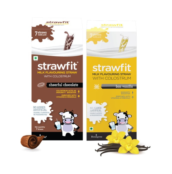 Strawfit Milk Flavouring Straw with Colostrum Cheerful Chocolate & Bon Vanilla Pack 7+7