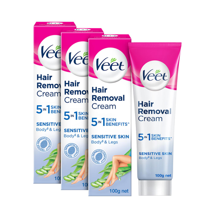 Veet Sensitive Skin Women Hair Removal Cream, 100gm Each (Buy 2 Get 1 Free)