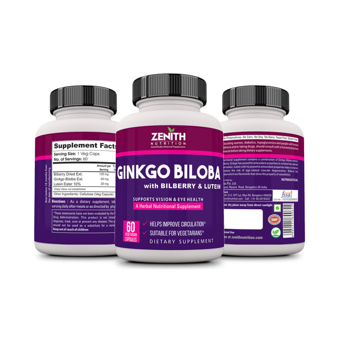 Zenith nutrition ginkgo biloba with bilberry & lutein capsule